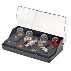 QTY OF ITEMS TO INCLUDE APPROX 20X ASSORTED ITEMS TO INCLUDE AA UNIVERSAL BULB AND FUSE KIT FOR CARS AND OTHER VEHICLES AA0200 - ESSENTIAL COMMON BULBS FOR HALOGEN HEADLAMPS - STORAGE BOX INCLUDED, V