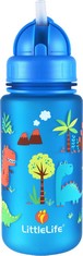 18 X CHILDREN'S WATER BOTTLE WITH EASY-ACCESS LID & STRAW, 400ML, BLUE DINOSAURS.