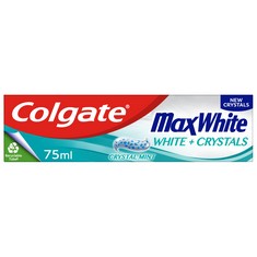 50 X COLGATE MAX WHITE WHITE + CRYSTALS TOOTHPASTE 75ML, TEETH WHITENING TOOTHPASTE, RESTORES NATURAL WHITENESS, 10X LONGER LASTING COOLING THAN REGULAR FLUORIDE TOOTHPASTE, FIGHTS CAVITIES.