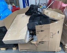 PALLET OF ASSORTED ITEMS TO INCLUDE BLACK WOODEN FURNITURE STORAGE UNIT (PART)