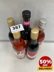 5 X BOTTLES OF ASSORTED WINE TO INCLUDE THREE MILLS SOFT AND MELLOW RED 18.7CL