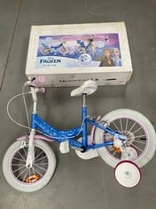 DISNEY FROZEN 14 INCH CHILDREN'S BIKE BLUE AND PURPLE (REAR MUDGUARD BROKEN).