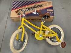 JOYSTAR CHILDREN'S BIKE WITH STABILISER WHEELS AND YELLOW MUDGUARDS.