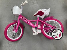 PINK CHILDREN'S BIKE WITH STABILISER SEATS AND BASKET.