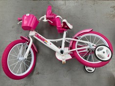 PINK AND WHITE UNICORN CHILDREN'S BIKE INCLUDING FRONT WHEEL AND STABILISER WHEELS.