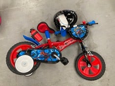 CHILDREN'S BIKE MARVEL SPIDERMAN RED BLUE AND BLACK COLOUR INCLUDING HELMET AND STABILISER WHEELS.