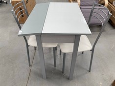 3 X KITCHEN FURNITURE INCLUDING FOLDING TABLE AND CHAIRS IN WHITE AND GREY (BROKEN TABLE IN CORNER).