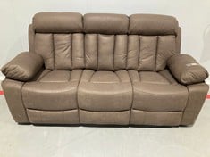 BROWN THREE SEATER MANUAL RECLINING SOFA (BOKEN AT THE  BACK).