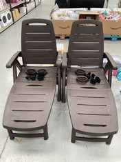 2 X BROWN SUN LOUNGERS (ONE BROKEN).