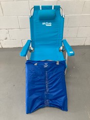 2 X FOLDING BEACH CHAIR INCLUDING AKTIVE MODEL WITH PASTEL BLUE CUSHION.