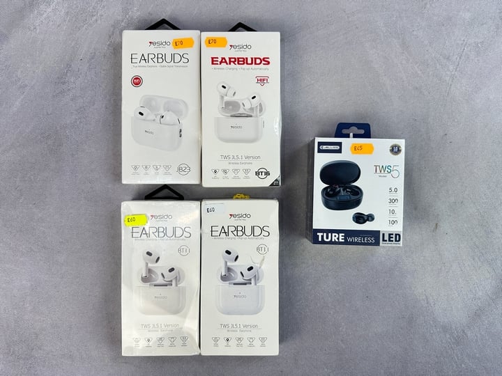 VARIOUS Wireless Earbuds Including Yesido And Ture, 5 Units, 4 Sealed (MPSD46329036) (VAT ONLY PAYABLE ON BUYERS PREMIUM)