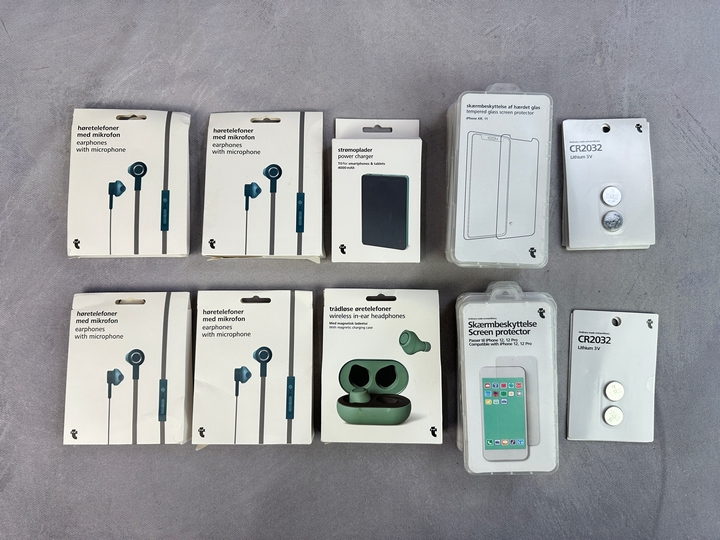 Flying Tiger Copenhagen Various Unused Items Including Wireless In Ear Headphones, Power Charger, Various Iphone Screen Protectors  . And CR2032 Batteries (MPSS02745659) (VAT ONLY PAYABLE ON BUYERS