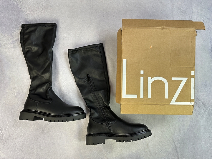 Linzi Hallie Black Faux Leather High Leg Stretch Boot With Chunky Sole - Size 6, 39 (MPSS03021874) (VAT ONLY PAYABLE ON BUYERS PREMIUM)