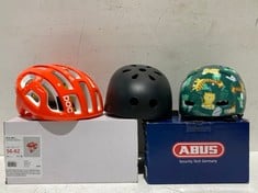 3 X HELMETS VARIOUS BRANDS, MODELS AND SIZES INCLUDING JUNIOR SKURB KID HELMET BRAND ABUS SIZE M 50-55CM - LOCATION 9B.