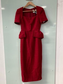 ROLAND MOURET SHORT SLEEVE BOUCLE MIDI DRESS IN DARK RED - UK 8 - RRP £795.00: LOCATION - FRONT BOOTH