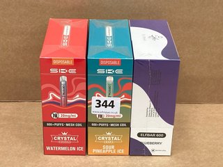 3X ASSORTED VAPES TO INCLUDE SKE CRYSTAL WATERMELON ICE AND ELF BAR BLUEBERRY (PLEASE NOTE: 18+YEARS ONLY. ID MAY BE REQUIRED): LOCATION - E0