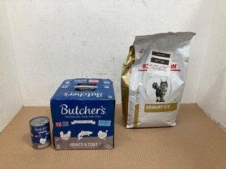 BOX OF BUTCHERS JOINTS & COAT DOG FOOD TINS - BBE 11/26 TO ALSO INCLUDE PACK OF ROYAL CANIN 3.5KG URINARY CAT BISCUITS - BBE 11/25: LOCATION - I10