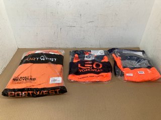 2 X LEO WORKWEAR POLO TOPS IN NAVY/ORANGE - UK L/XL TO ALSO INCLUDE PORTWEST BIZFLAME ULTRA COVERALL IN ORANGE - UK XXL: LOCATION - I11