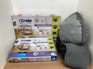 2 X I-CRATE SMALL/MEDIUM 1 DOOR FOLDING CRATES TO ALSO INCLUDE FEANDREA FLEECE DOG BED IN GREY: LOCATION - I14