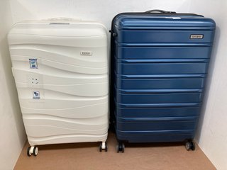 KONO LARGE HARD SHELL WHEELED COMBINATION LOCK SUITCASE IN WHITE TO ALSO INCLUDE SAMSONITE LARGE HARD SHELL WHEELED COMBINATION LOCK SUITCASE IN NAVY: LOCATION - I15