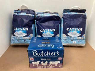 3 X PACKS OF CATSAN HYGIENE CAT LITTER TO ALSO INCLUDE BOX OF BUTCHERS GRAIN FREE DOG FOOD TINS - BBE 9/26: LOCATION - H16