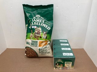 PACK OF JAMES WELLBELOVED SENIOR SMALL BREED 7.5KG TURKEY & RICE DOG BISCUITS - BBE 2/12/24 TO ALSO INCLUDE 4 X BOXES OF JAMES WELLBELOVED ADULT DOG FOOD - BBE 29/1/26: LOCATION - H15