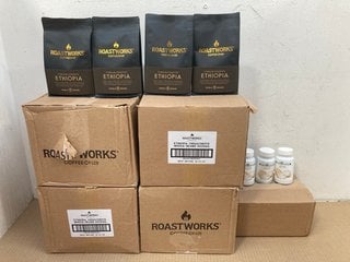 4 X BOXES OF ROASTWORKS 200G YIRGACHEFFE ETHIOPIA WHOLE COFFEE BEANS - BBE 19/1/25 TO ALSO INCLUDE BOX OF COTSWOLD MUSHROOMS LION'S MANE CAPSULES - BBE 3/27: LOCATION - H12