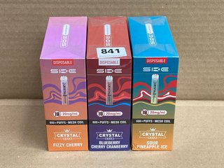 3 X BOXES OF SKE CRYSTAL 600 PUFF 20MG DISPOSABLE VAPES IN SOUR PINEAPPLE ICE/BLUEBERRY CHERRY CRANBERRY/FIZZY CHERRY - (PLEASE NOTE: 18+YEARS ONLY. ID MAY BE REQUIRED): LOCATION - E0