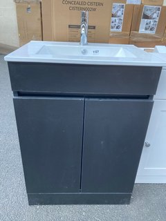 (COLLECTION ONLY) FLOOR STANDING 2 DOOR SINK UNIT IN MATT BLACK WITH A 610 X 470MM 1TH CERAMIC BASIN COMPLETE WITH A MONO BASIN MIXER TAP & CHROME SPRUNG WASTE - RRP £725: LOCATION - A5