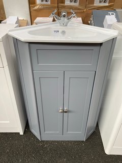 (COLLECTION ONLY) FLOOR STANDING 2 DOOR CORNER CLOSET SINK UNIT IN PEARL GREY WITH MATCHING 1TH CERAMIC BASIN COMPLETE WITH MODERN CROSSHEAD MONO BASIN MIXER TAP & CHROME SPRUNG WASTE - RRP £699: LOC