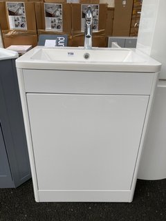 (COLLECTION ONLY) FLOOR STANDING 1 DOOR SINK UNIT IN WHITE WITH A 605 X 450MM 1TH POLYMARBLE BASIN COMPLETE WITH A MONO BASIN MIXER TAP IN CHROME WITH POP UP WASTE - RRP £745: LOCATION - A5