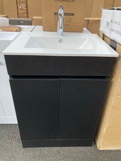 (COLLECTION ONLY) FLOOR STANDING 2 DOOR SINK UNIT IN MATT BLACK WITH A 610 X 470MM 1TH CERAMIC BASIN COMPLETE WITH A MONO BASIN MIXER TAP & POP UP WASTE - RRP £740: LOCATION - A6