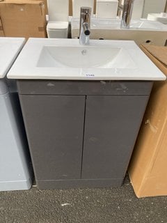 (COLLECTION ONLY) FLOOR STANDING 2 DOOR SINK UNIT IN GLOSS ANTHRACITE WITH A 610 X 470MM 1TH CERAMIC BASIN COMPLETE WITH A MONO BASIN MIXER TAP & CHROME SPRUNG WASTE - RRP £755: LOCATION - A6