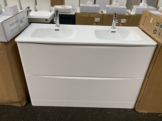 (COLLECTION ONLY) FLOOR STANDING 2 DRAWER TWIN SINK UNIT IN WHITE WITH A 1195 X 465MM TWIN CERAMIC BASIN TOP WITH A PAIR OF MONO BASIN MIXER TAPS & CHROME SPRUNG WASTES - RRP £1325: LOCATION - A6