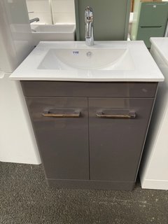 (COLLECTION ONLY) FLOOR STANDING 2 DOOR SINK UNIT IN GLOSS ANTHRACITE WITH A 610 X 470MM 1TH CERAMIC BASIN COMPLETE WITH A MONO BASIN MIXER TAP IN CHROME WITH POP UP WASTE - RRP £755: LOCATION - A7