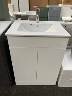 (COLLECTION ONLY) FLOOR STANDING 2 DOOR SINK UNIT IN WHITE WITH A 610 X 470MM 1TH CERAMIC BASIN COMPLETE WITH A MONO BASIN MIXER TAP & CHROME SPRUNG WASTE - RRP £740: LOCATION - A7