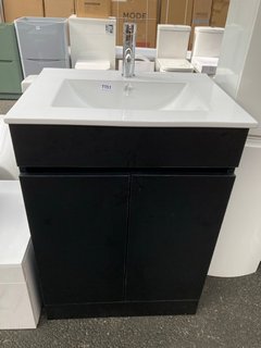 (COLLECTION ONLY) FLOOR STANDING 2 DOOR SINK UNIT IN BLACK WITH A 610 X 470MM 1TH CERAMIC BASIN COMPLETE WITH A MONO BASIN MIXER TAP & CHROME SPRUNG WASTE - RRP £740: LOCATION - A7