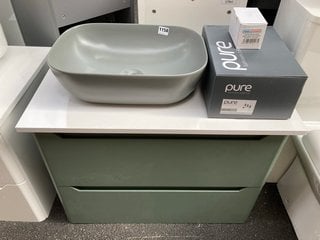 (COLLECTION ONLY) WALL HUNG 2 DRAWER COUNTER TOP SINK UNIT IN SAGE GREEN & WHITE 800 X 460MM WITH A GREY CERAMIC VESSEL BASIN COMPLETE WITH A WALL MOUNTED BASIN MIXER WITH CHROME SPRUNG WASTE - RRP £