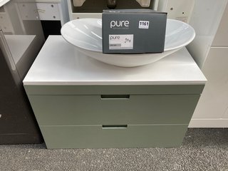 (COLLECTION ONLY) WALL HUNG 2 DRAWER COUNTER TOP SINK UNIT IN SAGE GREEN & WHITE 800 X 460MM WITH A CERAMIC VESSEL BASIN COMPLETE WITH A WALL MOUNTED BASIN MIXER WITH CHROME SPRUNG WASTE - RRP £765: