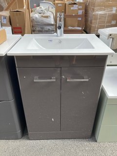 (COLLECTION ONLY) FLOOR STANDING 2 DOOR SINK UNIT IN GLOSS ANTHRACITE WITH A 610 X 470MM 1TH CERAMIC BASIN COMPLETE WITH A MONO BASIN MIXER TAP & CHROME SPRUNG WASTE - RRP £755: LOCATION - A5