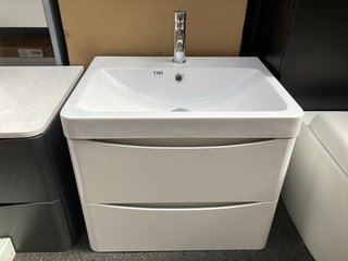 (COLLECTION ONLY) WALL HUNG 2 DRAWER SINK UNIT IN WHITE WITH A 600 X 450MM 1TH POLYMARBLE BASIN COMPLETE WITH A MONO BASIN MIXER TAP & CHROME SPRUNG WASTE - RRP £725: LOCATION - A6