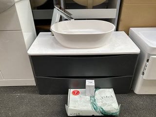 (COLLECTION ONLY) WALL HUNG 2 DRAWER COUNTER TOP SINK UNIT IN ANTHRACITE & WHITE 905 X 460MM WITH A OVAL POLYMARBLE VESSEL BASIN WITH WASTE COVER & HIGH MONO BASIN MIXER TAP & WASTE - RRP £920: LOCAT