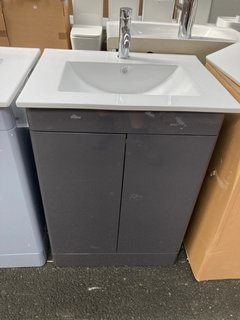 (COLLECTION ONLY) FLOOR STANDING 2 DOOR SINK UNIT IN GLOSS ANTHRACITE WITH A 610 X 470MM 1TH CERAMIC BASIN COMPLETE WITH A MONO BASIN MIXER TAP & CHROME SPRUNG WASTE - RRP £735: LOCATION - A6