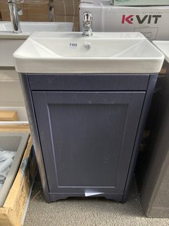 (COLLECTION ONLY) FLOOR STANDING 1 DOOR SINK UNIT IN INDIGO WOOD GRAIN WITH A 510 X 360MM 1TH CERAMIC BASIN COMPLETE WITH A MONO BASIN MIXER TAP & CHROME SPRUNG WASTE - RRP £715: LOCATION - A6