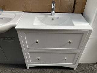 (COLLECTION ONLY) FLOOR STANDING 2 DRAWER SINK UNIT IN WHITE WITH A 810 X 400MM 1TH CERAMIC BASIN COMPLETE WITH A MONO BASIN MIXER TAP IN CHROME WITH POP UP WASTE - RRP £820: LOCATION - A6