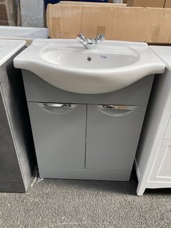 (COLLECTION ONLY) FLOOR STANDING 2 DOOR SEMI RECESSED SINK UNIT IN MATT PEARL GREY WITH A 645 X 430MM 1TH CERAMIC BASIN COMPLETE WITH A MONO BASIN MIXER TAP IN CHROME WITH POP UP WASTE - RRP £745: LO