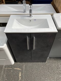 (COLLECTION ONLY) FLOOR STANDING 2 DOOR SINK UNIT IN GREY STONE WITH A 610 X 400MM 1TH CERAMIC BASIN COMPLETE WITH A MONO BASIN MIXER TAP & CHROME SPRUNG WASTE - RRP £720: LOCATION - A6