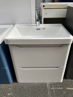 (COLLECTION ONLY) WALL HUNG 2 DRAWER SINK UNIT IN WHITE WITH A 600 X 450MM 1TH POLYMARBLE BASIN COMPLETE WITH A MONO BASIN MIXER TAP IN CHROME WITH POP UP WASTE - RRP £735: LOCATION - A6