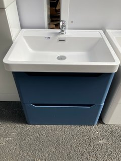 (COLLECTION ONLY) WALL HUNG 2 DRAWER SINK UNIT IN LIGHT BLUE WITH A 600 X 450MM 1TH POLYMARBLE BASIN COMPLETE WITH A MONO BASIN MIXER TAP & CHROME SPRUNG WASTE - RRP £725: LOCATION - A7