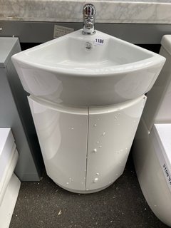 (COLLECTION ONLY) FLOOR STANDING 2 DOOR BOW FRONTED CLOSET SINK UNIT IN WHITE *WITH CHIP TO RIGHT DOOR* WITH MATCHING 1TH CERAMIC BASIN COMPLETE WITH A MONO BASIN MIXER TAP & CHROME SPRUNG WASTE: LOC